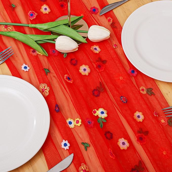 BINBE 1pcs Daisy Fall Table Runner Embroidery Gauze 10FT Florals Seasonal Tulle Holiday Birthday Kitchen Dining Table Decor for Home Party Red