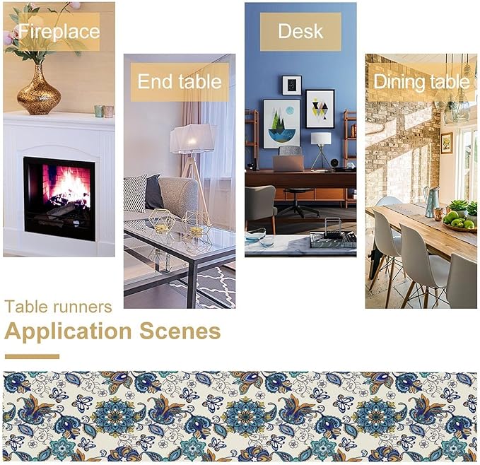 Oriental Paisley Table Runner, Luxury Vintage Blue Teal Floral Butterflies Print Table Runner for Home Dining Kitchen Coffee Table Party Decor, 13x70inch