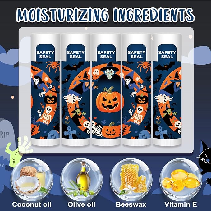 DMSKY 60 Pcs Halloween Lip Balm, Halloween Party Favors Bulk, Halloween Goodie Bags Fillers for Boys Girls