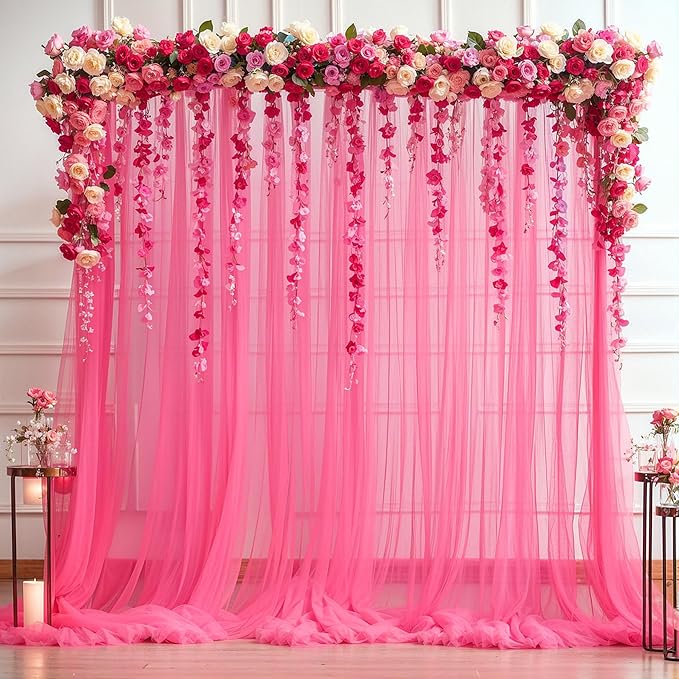 Hot Pink Tulle Backdrop Curtain for Parties 10ft x 8ft Fuchsia Sheer Backdrop Curtains for Baby Shower Birthday Wedding Bridal Shower Photo Shoot Photography Background Decorations 2 Panels 5ft x 8ft