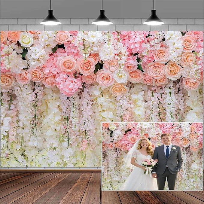 7x5ft Pink Rose Flower Wedding Photography Backdrop Spring Floral Photography Backdrop Valentine's Day Mother's Day Girl Birthday Baby Shower Wedding Bridal Party Banner Photo Booth Props Background