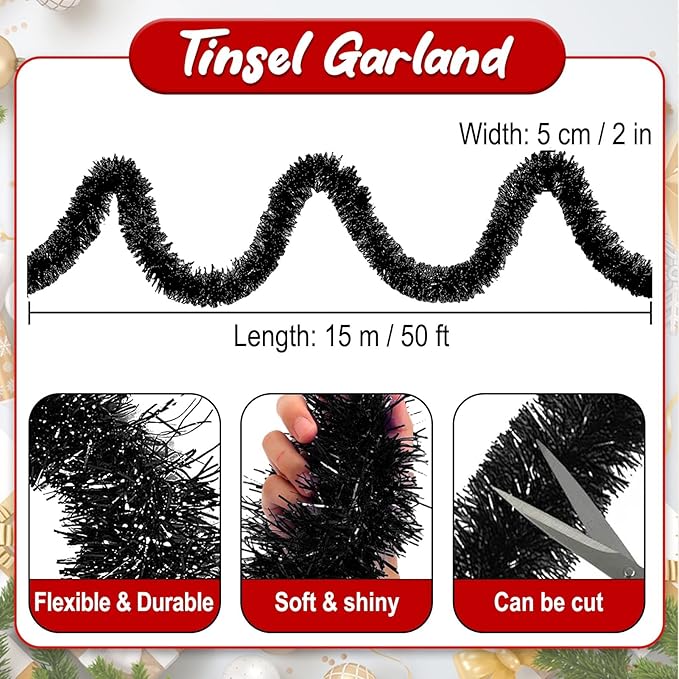50 Feet Black Christmas Tinsel Garland, Metallic Foil Twist Banner Wall Hanging Tinsel Streamers Backdrop for Parade Floats, Christmas, Mother's Day, Birthday Party Decorations(2in x 50ft)