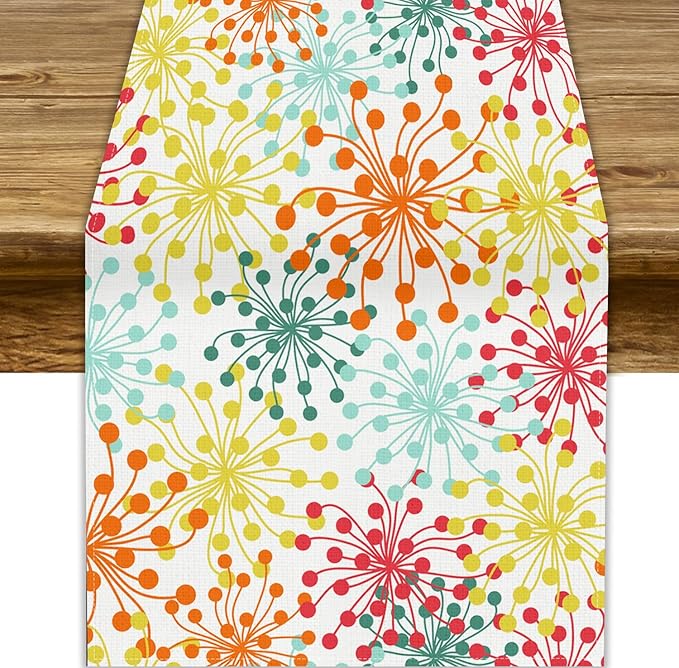 Mid Century Flower Table Runner, Colorful Geometric Abstract Chrysanthemum Vintage Farmhouse Decorations Orange Yellow Gray Table Runner for Kitchen Dining Holiday Party Decor, 13x36 Inch