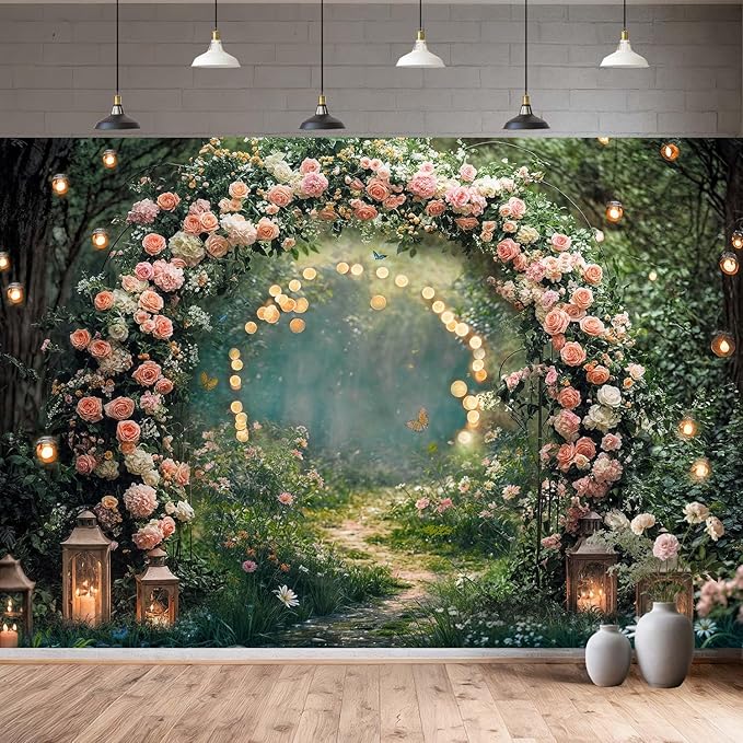 8x6ft Enchanted Forest Wedding Photography Backdrop Wonderland Roses Fairy Tale Backdrop Pink Flower Birthday Newborn Baby Shower Wedding Bridal Party Banner Photo Booth Props Anniversary Background