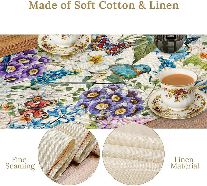 Brown Bird Floral Table Runner Spring Flower Kitchen Table Decoration Suitable for Family Dinner Decoration 13x108 Inch