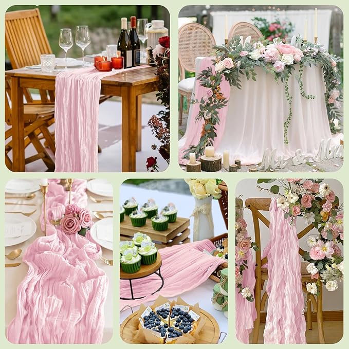 Asee'm 6pcs Cheesecloth Table Runner 120 Inches Blushing Pink Boho Gauze Cheese Cloth Runner 10FT Rustic Sheer Table Runners for Summer Wedding Baby Shower Holiday Party Decoration