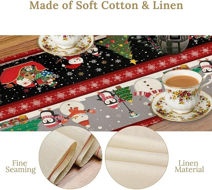 Christmas Table Runner,Cartoon Snowman Tree Xmas Deer Elk Santa Claus Print Tablecloth Burlap for Hotel Indoors Outdoor Dining Room Kitchen Home Decor,W13X L108 in
