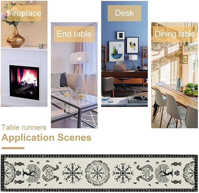 Ancient Abstract Pattern Table Runner, Tree of Life Eagle Dragon Boat Rudder Black and White Table Runner 13x60 Inch