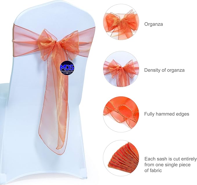 MDS Pack of 125 PCS Organza Chair Sashes Wider Dining Chair Bows Ribbon Tie Back for Wedding Party Birthday Bridal Shower Reception Event Banquet Home Chair Cover Decoration - Brunt Orange