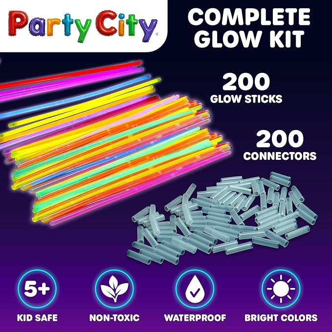Party City 200 Glow Sticks Bulk Party Pack 8”– Neon Glow in the Dark Party Supplies, Glowsticks with Connectors Bracelets & Necklaces, Light Up Favors for Kids, Adults, Birthdays, Parties, Decorations