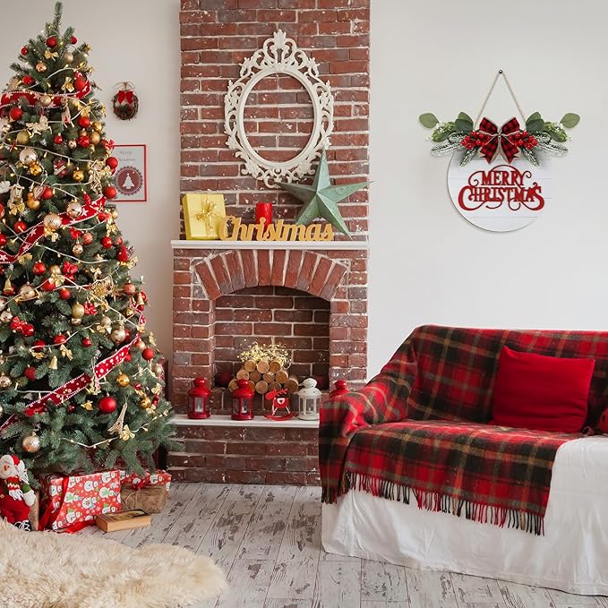 CHDITB Cute Merry Christmas Wooden Front Door Wreath(11.4”x11.4”), Farmhouse 3D Christmas Decor Hanging Sign with Red Plaid Bow Berries Mistletoe, Housewarming Gift for Xmas Winter Holiday New Year