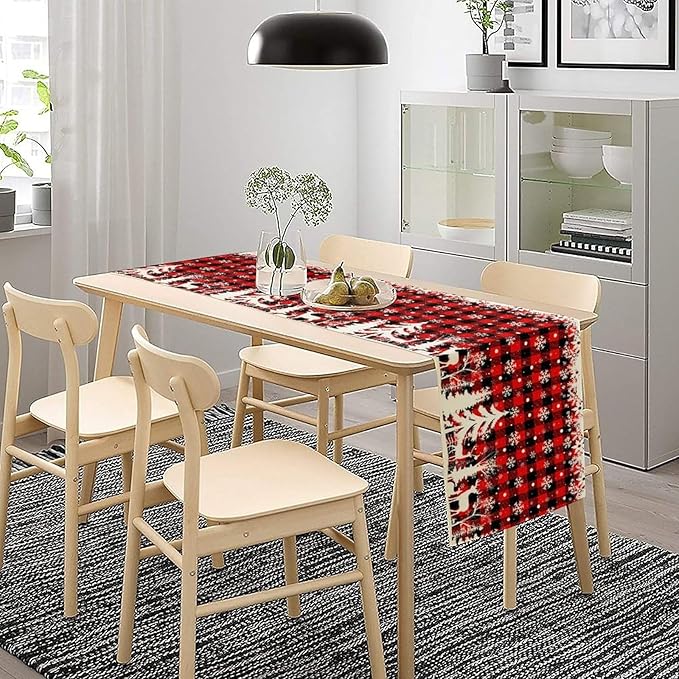Christmas Table Runner,Red Black Plaid Xmas Snowflakes Deer Trees Print Tablecloth Burlap for Hotel Indoors Outdoor Dining Room Kitchen Home Decor,W13X L60 in