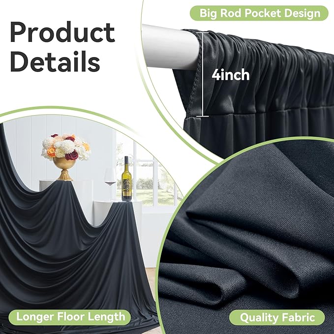30ftx14FT Wrinkle Free Black Backdrop Curtain, 6 Panels 14FT Height Black Wedding Backdrop Drapes, Silky Polyester Back Drop Cloth for Birthday Photography Background Party Backdrop Draping