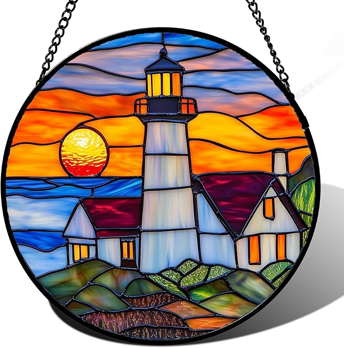 Stained Glass Window Hanging - Sea Lighthouse Suncatcher for Door Terrace Garden Home Decor Sunset Beach Scenery Sun Catcher Birthday Gifts for Lovers Women Men Dad Mom Nana 7.8 in