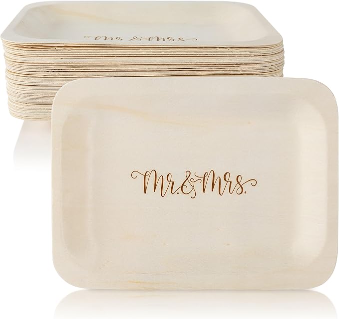 Mr. and Mrs. Disposable Wedding Plates – Rustic, Compostable Alternative to Plastic Plates for Wedding Receptions, Engagement Parties, and Rehearsal Dinners (Salad/Dessert, 50-Pack)