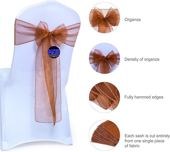 MDS Pack of 300 PCS Organza Chair Sashes Wider Dining Chair Bows Ribbon Tie Back for Wedding Party Birthday Bridal Shower Reception Event Banquet Home Chair Cover Decoration - Bronze