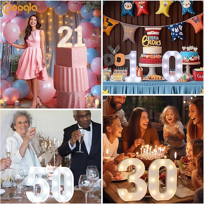 Pooqla LED Light Up Numbers, Warm White and Cool White Decorative Lighted Marquee Numbers, Light Up Numbers for Boys Girls Party, Wedding, Bar, Night Light, Room Decor, Birthday Decoration, Number 2