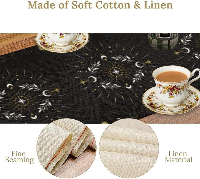 Sun Moon Table Runner - Magical Leaves Mysterious Western Traditional Elements Black White Table Runner for Party Living Room Home Kitchen Dinner - 13x36 Inch