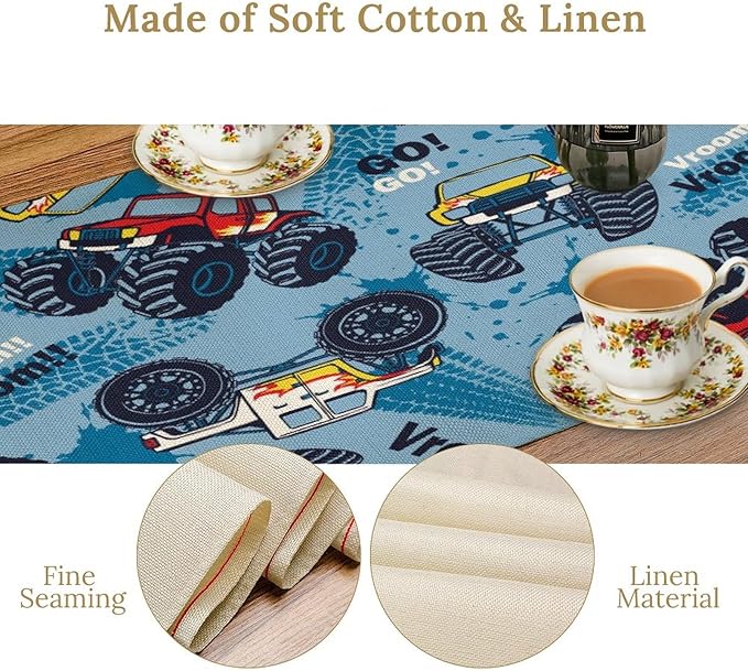 Monster Truck Table Runner,for Kids Boys Cool Colorful Cartoon Blue Cars Pattern Print Tablecloth Burlap for Hotel Indoors Outdoor Dining Room Kitchen Home Decor,W13X L90 in