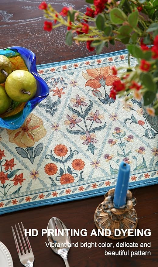 ISAENNE Designer Bohemian Elegant Linen Table Runner 87 Inches Long,Colorful Flower Pattern Table Runners for Dining Tables,Thanksgiving,Kitchen Tables,Christmas,12"*87"-Floralsea A