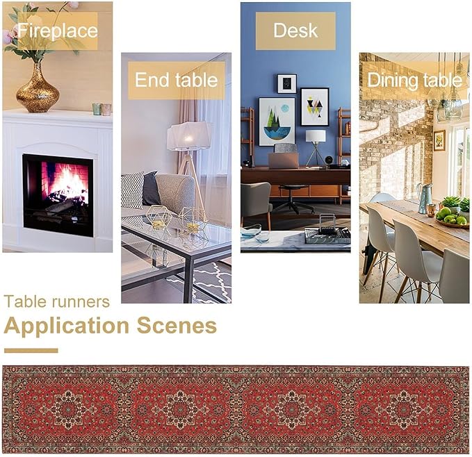 Vintage Boho Floral Table Runner, Rustic Country Farmhouse Red Black Retro Flower Pattern for Home Kitchen Table Decor Dining Coffee Room Party Decor 13x90in