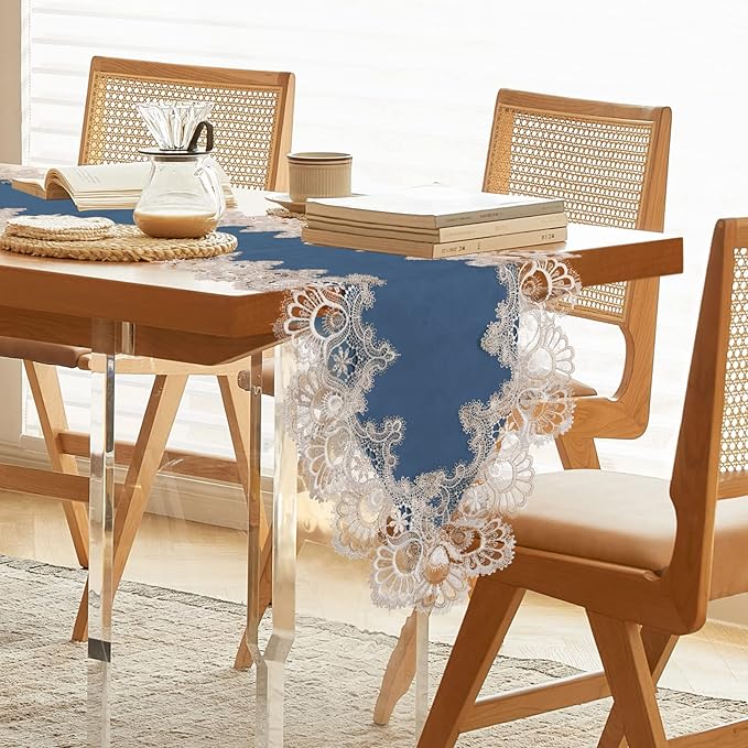 Vintage Lace Dining Table Runner, 72 Inches Macrame Coffee Table Runners for Kitchen Home Christmas Party Decorations (16x72 inch,Blue)