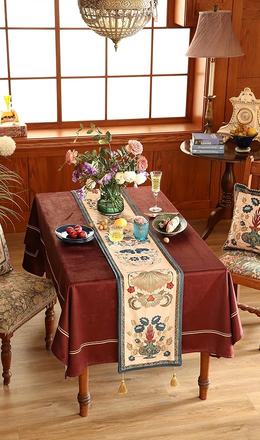 patdrea Designer Casual Wild Floral Velvet Table Runner 118 Inch Long, Brown Occult Bouquets Pattern Table Mat, Decoration for Kitchen Dining Coffee Table Cabinet Banquet Thanksgiving,12"*118"