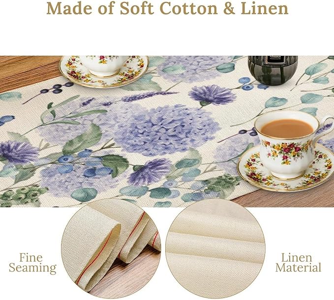Spring Hydrangea Flower Table Runner, Seasonal Summer Plants Watercolor Eucalyptus Leaves Purple Florals Dinner Runner for Home Kitchen Dining Table Party Holiday Decoration 13"x60"