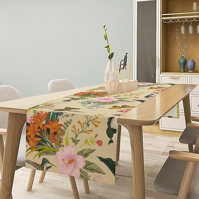 Brown Bird Floral Table Runner Spring Flower Kitchen Table Decoration Suitable for Family Dinner Decoration 13x120 Inch