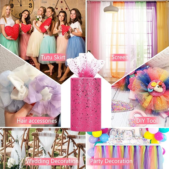 Glitter Tulle Rolls, 6” by 50 Yards (150FT) Sparkling Tulle Spool Ribbon Sequin Tulle Netting Fabric for Tutu Skirt Wedding Birthday Baby Shower (Rose Red)