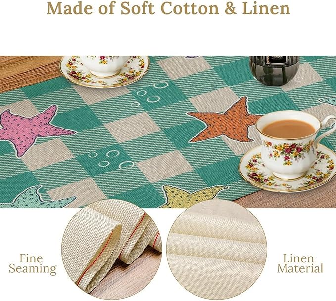Starfish Plaid Table Flag Green Plaid and Marine Life Starfish Kitchen Table Flag Suitable for Birthday Party Restaurant Decoration Outdoor Picnic 13x36 Inch