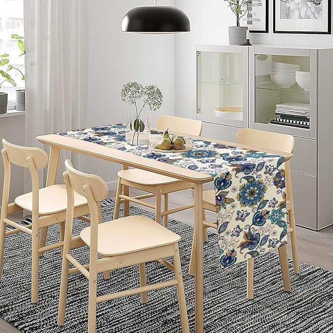 Oriental Paisley Table Runner, Luxury Vintage Blue Teal Floral Butterflies Print Table Runner for Home Dining Kitchen Coffee Table Party Decor, 13x70inch