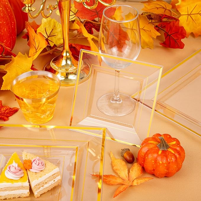 Festiva 350Pcs Clear Plastic Plates with Gold rim - Clear Gold Disposable Dinnerware for 50 Guests include 100 Square Plastic Plates 50Cups 50Cutlery 50Napkins Perfect for Thanksgiving Party&Wedding