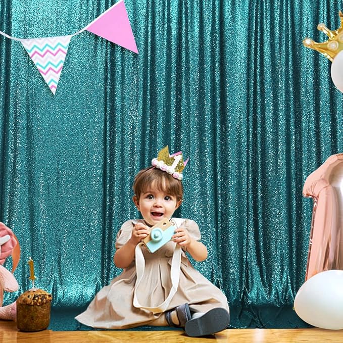 SquarePie Sequin Backdrop Less Transparent Background Sparkly Curtain for Wedding Party 8FT x 8FT Teal