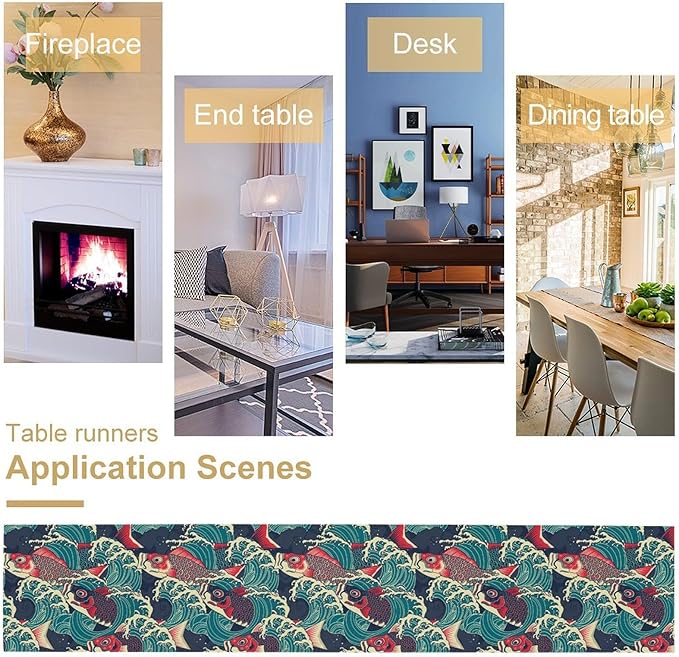 Kio Fish Table Runner Waves Japanese Tradition Art Printed Burlap Runner Home Kitchen Dining Table Living Room Decor Fabric 1 Panel W13xL120in