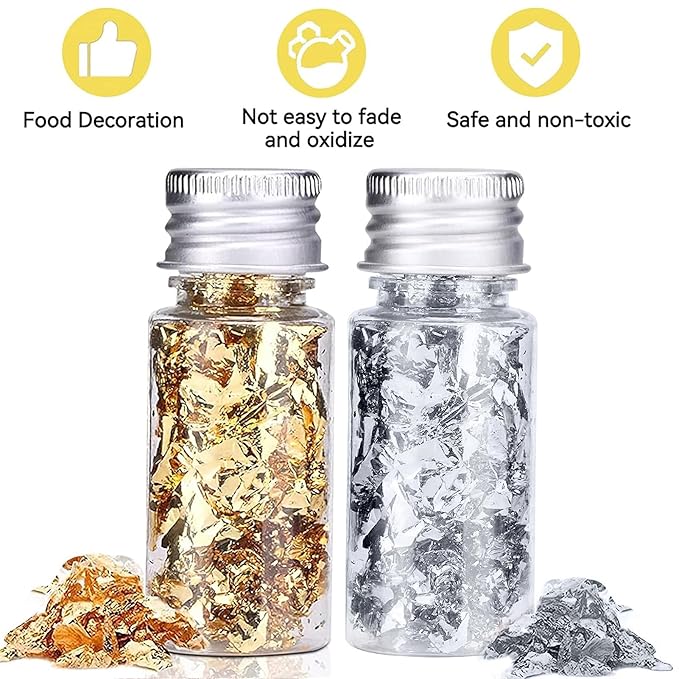 Edible Gold Leaf, Gold Leaf Cake Decoration Gold Flakes Food Gold Foil Decoration Baking Gold Foil Decor Chocolates Decor Gold Leaf Sheets for Cooking Dessert Decoration Crafts Makeup (Gold and Silver)
