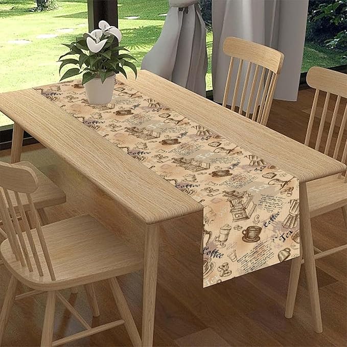 Coffee Theme Table Runner, Rustic Farmhouse Coffee Cup Tea Party Cafe Table Center Decor for Home Kitchen Dining Patio Holiday Party Indoor Outdoor Table Decorations,13"x108" Inch