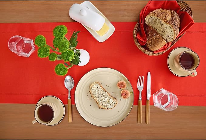 Solino Home Cotton Linen Poppy Red Table Runner 72 Inches Long - Hemstitch Table Runner 14 x 72 Inch for Dresser, Dining, Halloween