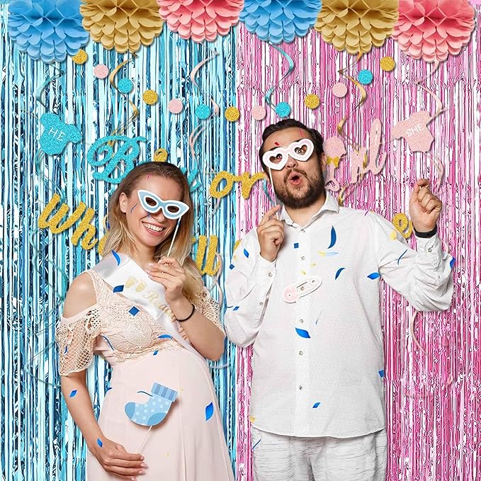 6 Pack Pink Blue Foil Fringe Curtains Backdrop, 3.28 x 8.2 Ft Metallic Streamers Tinsel Curtains Background for Photo Booth, Birthday, Weddings, Carnivals, Graduation, Themed Party Decorations