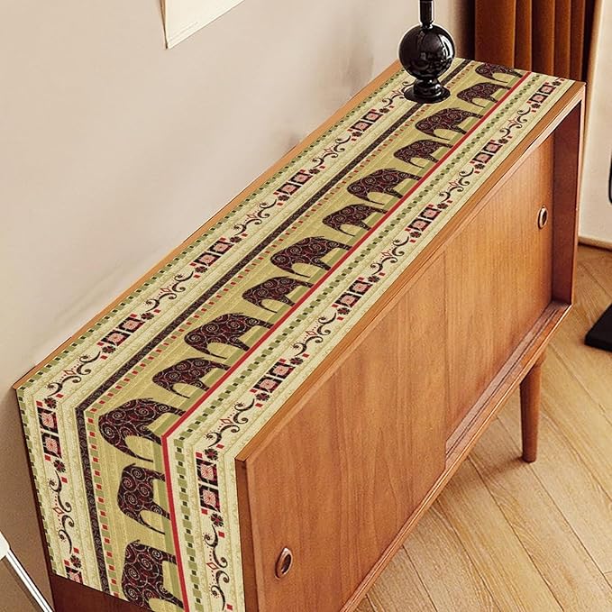 Boho Elephant Table Runner, Vintage Tribal Traditional Bohemian African Animals Ethnic Folk Table Center Decor for Home Kitchen Dining Patio Holiday Party Indoor Table Decorations, 13"x72" Inch