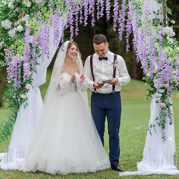 12 Pack Light Purple Wisteria Hanging Flowers, 3.44 Ft Fake Hanging Flowers, Artificial Wisteria Garland Vines for Wedding Room Backdrop Outdoor Patio Garden Decoration