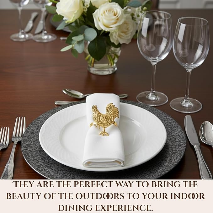 Set of 12 Rooster Napkin Rings for Farmhouse Table Decor | Premium Metal Chicken Dinnerware Holders | Rustic Kitchen & Holiday Party Table Setting (Gold) - ALPHA Living HOME
