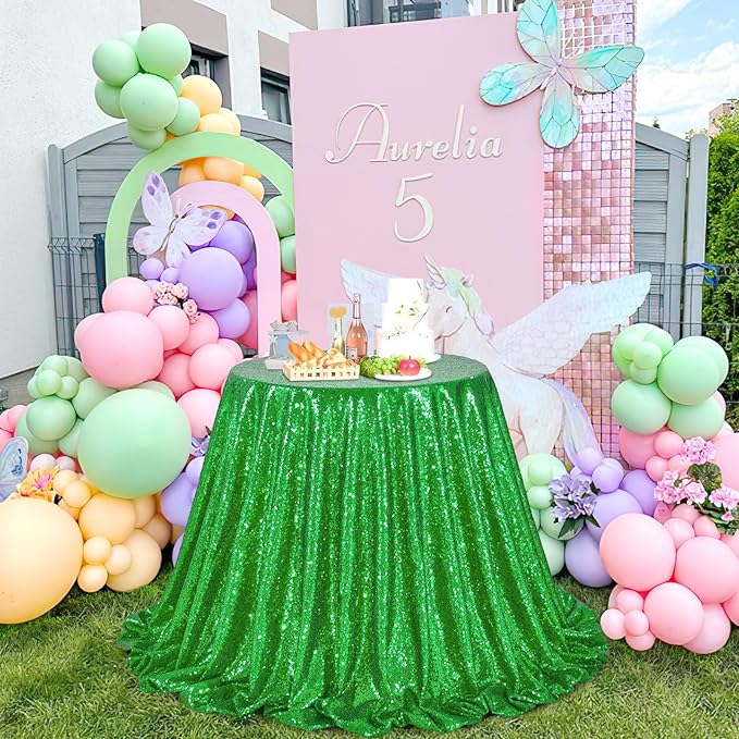 QueenDream Rectangle Tablecloth 90x132 Inches Green Sequin Table Clothes Overlay Birthday Decorations
