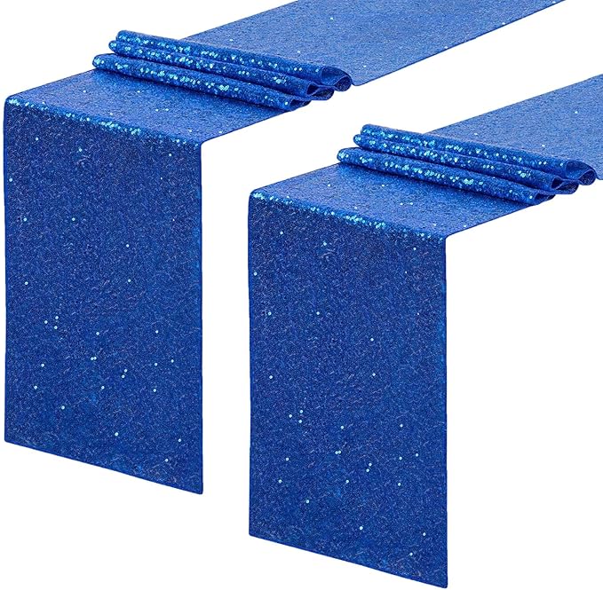 Sequin Table Runners 2 Pieces Royal Blue Table Runners 12x72 Inch Glitter Dining Table Cover for Party Wedding Birthday Reception Banquet Decoration Spring Party Chair Sashes