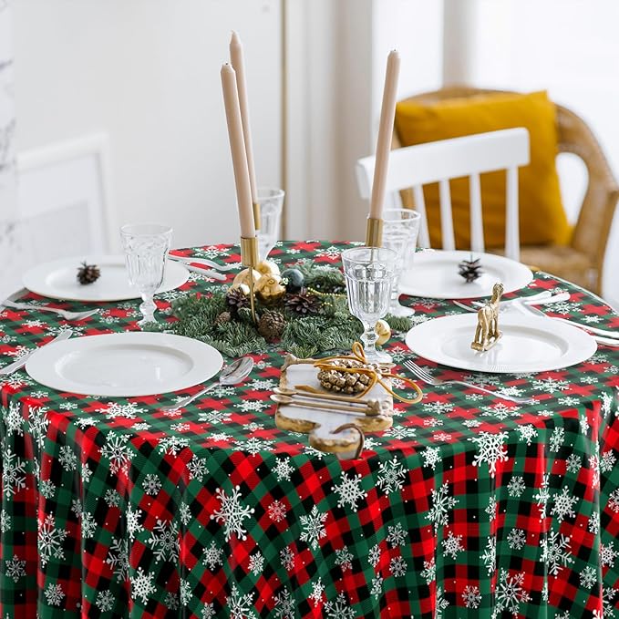 Jectivs 3Pcs Christmas Buffalo Plaid Snowflake Party Tablecloths Decorations,Plastic Red and Green Checkered Round Table Cover for Winter Christmas New Year Birthday Holiday Party Decorations,84 inch