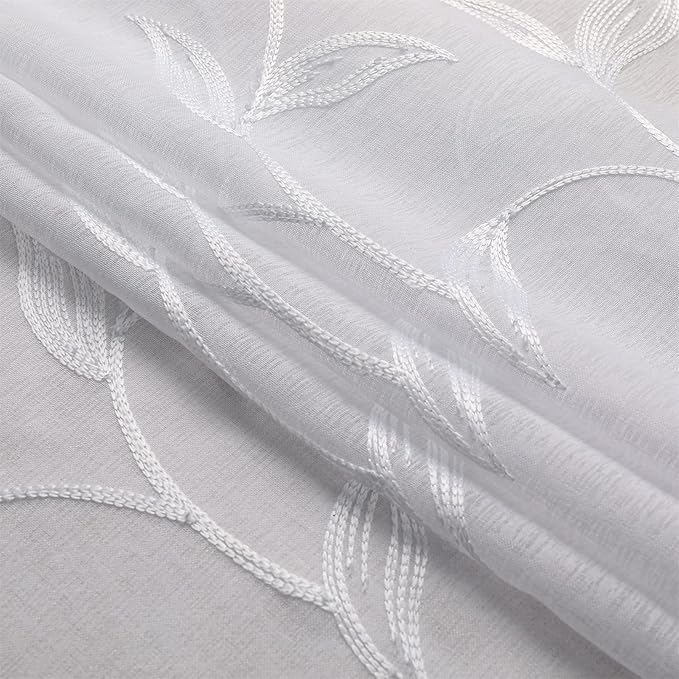 VISIONTEX Sheer Voile Curtain Valances, Decorative Leaves Embroidered, Rod Pocket Window Treatment for Kitchen/Rustic Bedroom/Living Room (54 x 16 Inch,1 Panel)