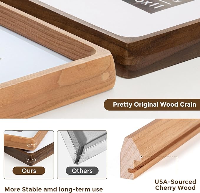 9x12 Picture Frame USA-Sourced Natural Cherry Wood Solid Original Wood Photo Frame Rounded Corner with Mat to 6x8 Picture Display with Real Glass Family Picture, Wedding Picture, Photo, Certificate