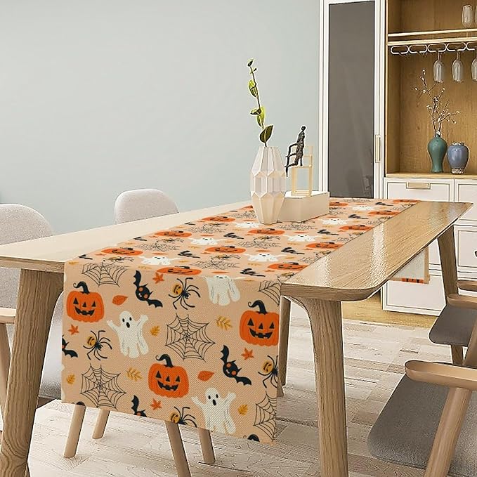 Halloween Table Runner,Cute Ghost Pumpkin Leaves Table Runner for Kitchen Dining Table Decoration Home Party Decor 13x36 Inch