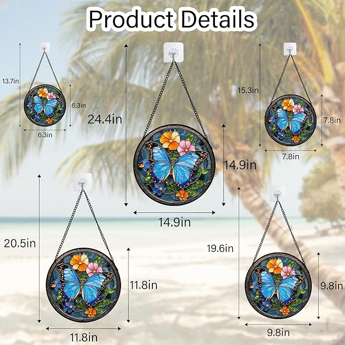 Stained Glass Window Hanging, Blue Butterfly Flower Suncatcher for Doors Home Sun Catchers Decoration and Christmas, Mother's Day Birthday Gifts for Women, Men, and Mom 6.3x6.3 in