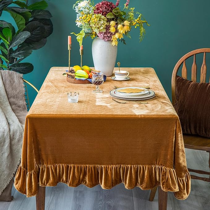Velvet Tablecloth Luxurious Solid Rectangle Table Cloth,Oblong Retro Farmhouse Ruffle Tablecloths Washable Table Cover for Party Wedding Baby Shower Kitchen Dinning Tabletop Decoration